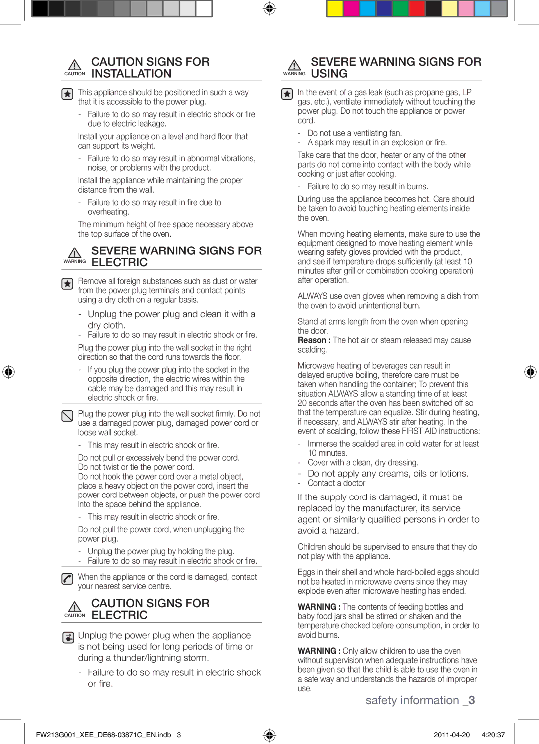 Samsung FW213G001/XEE manual Severe Warning Signs for Warning Electric 