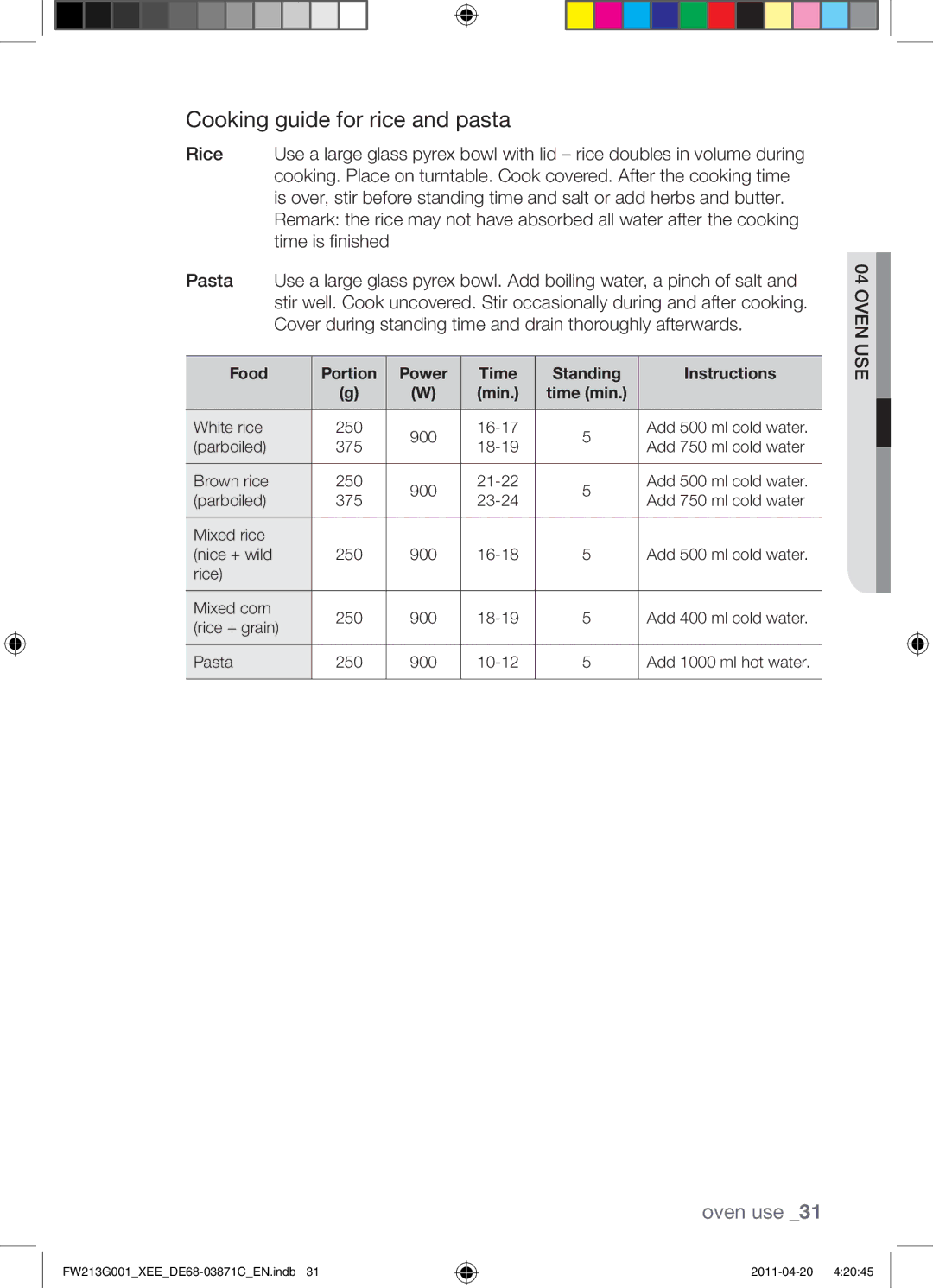 Samsung FW213G001/XEE manual Cooking guide for rice and pasta 