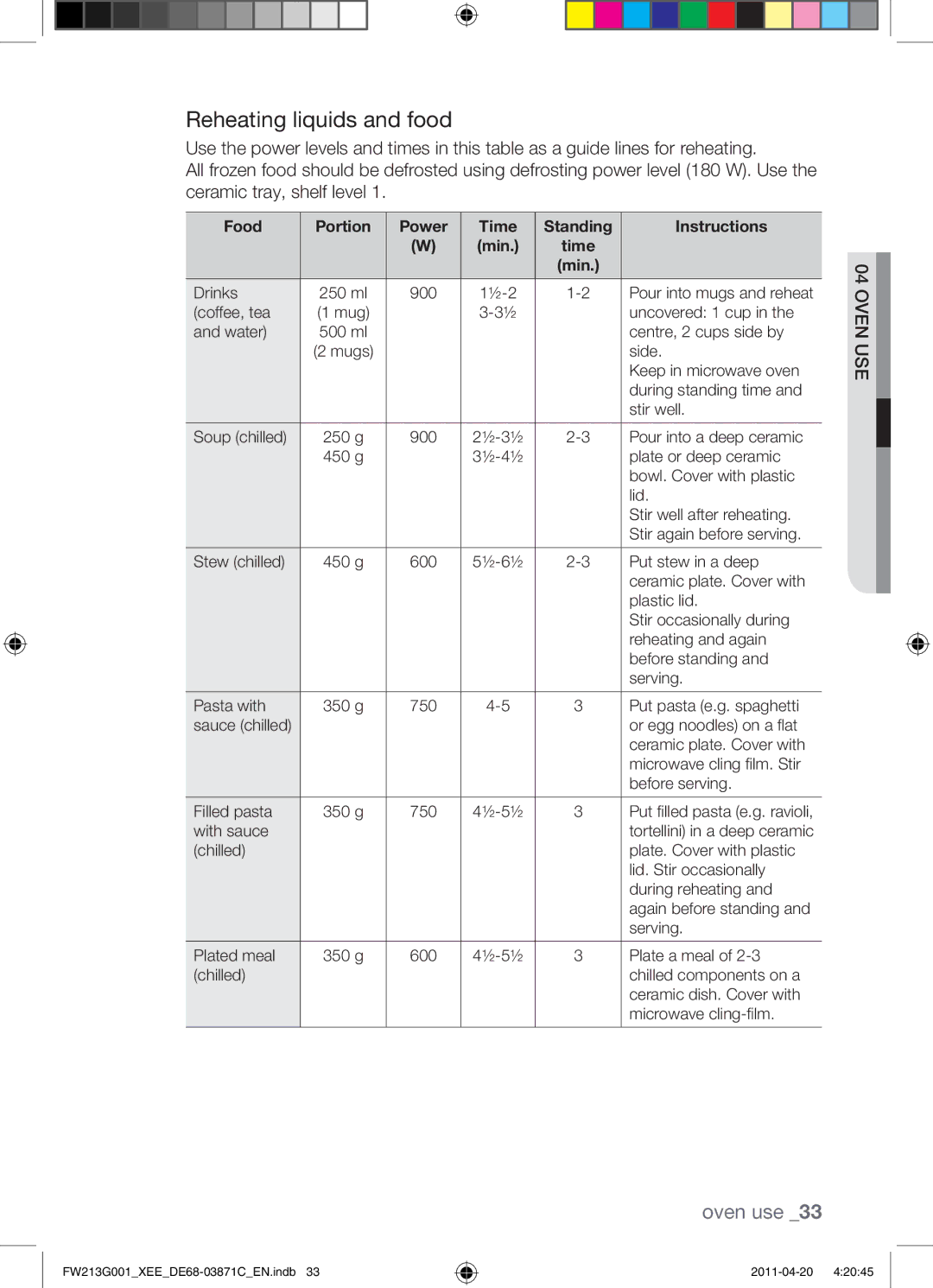 Samsung FW213G001/XEE manual Reheating liquids and food 