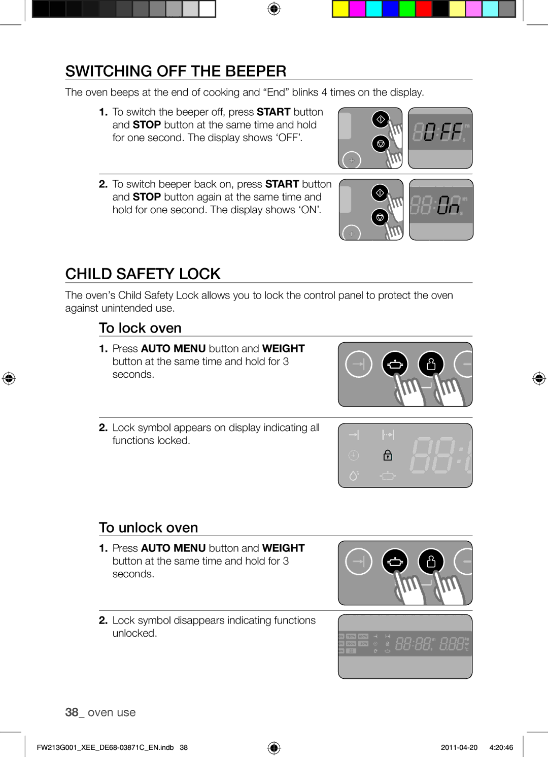 Samsung FW213G001/XEE manual Switching OFF the Beeper, Child Safety Lock, To lock oven, To unlock oven 