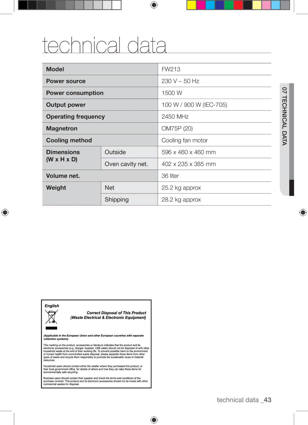 Samsung FW213G001/XEE manual Technical data 