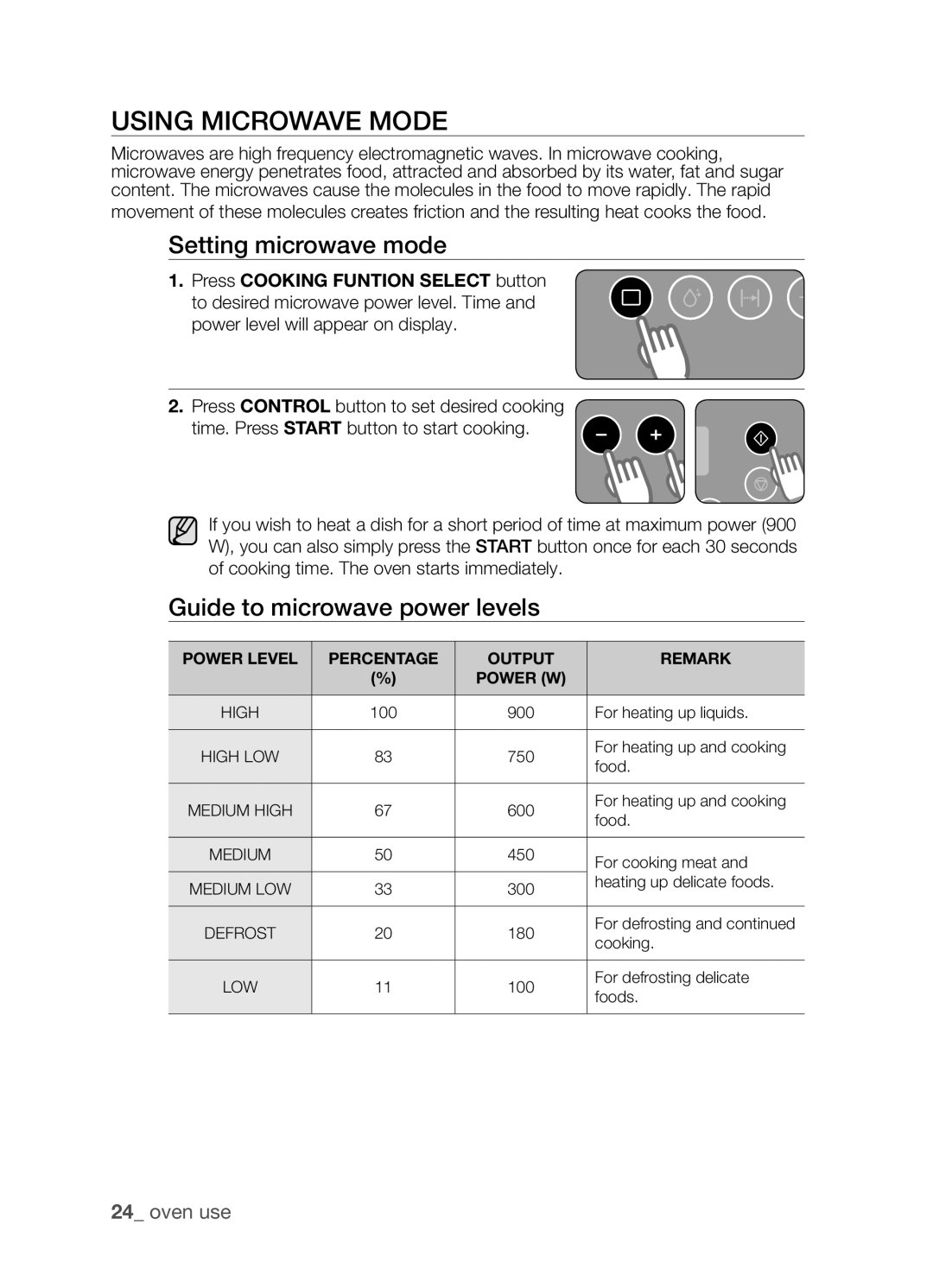 Samsung FW213G001/XEO manual Using Microwave Mode, Setting microwave mode, Guide to microwave power levels 