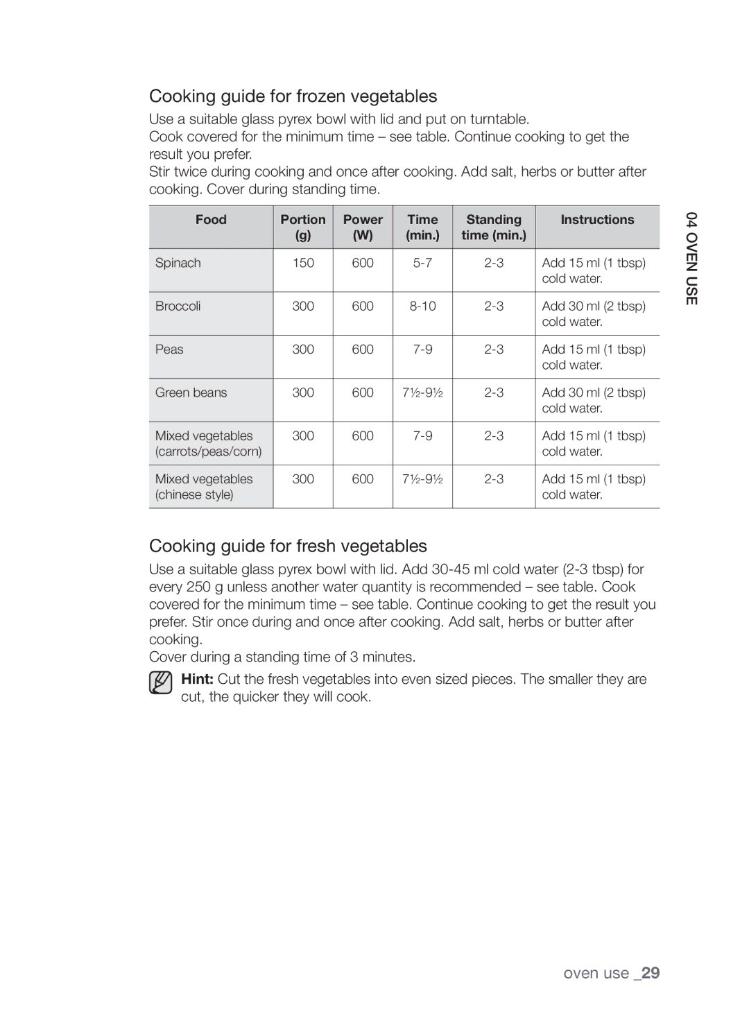 Samsung FW213G001/XEO manual Cooking guide for frozen vegetables, Cooking guide for fresh vegetables 