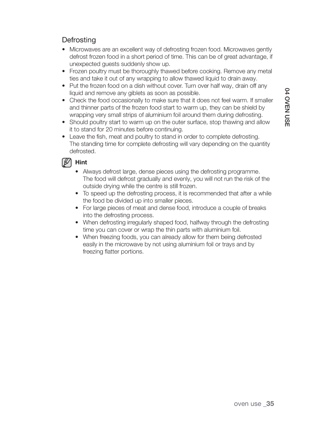 Samsung FW213G001/XEO manual Defrosting, Hint 