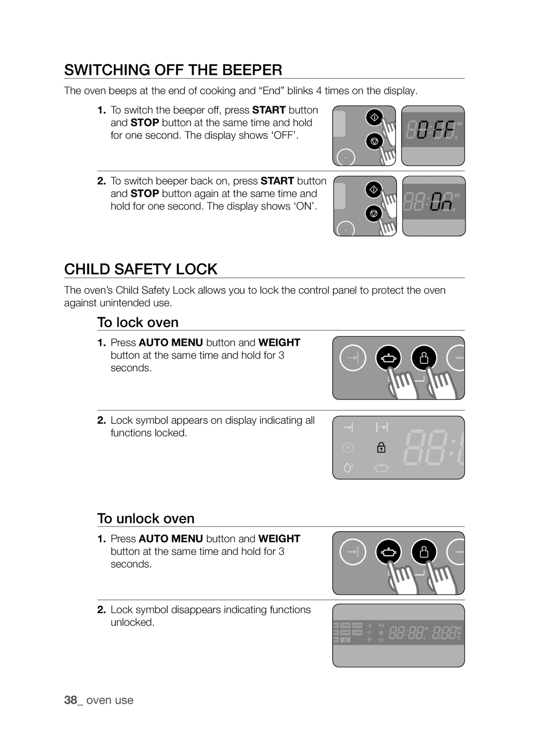 Samsung FW213G001/XEO manual Switching OFF the Beeper, Child Safety Lock, To lock oven, To unlock oven 