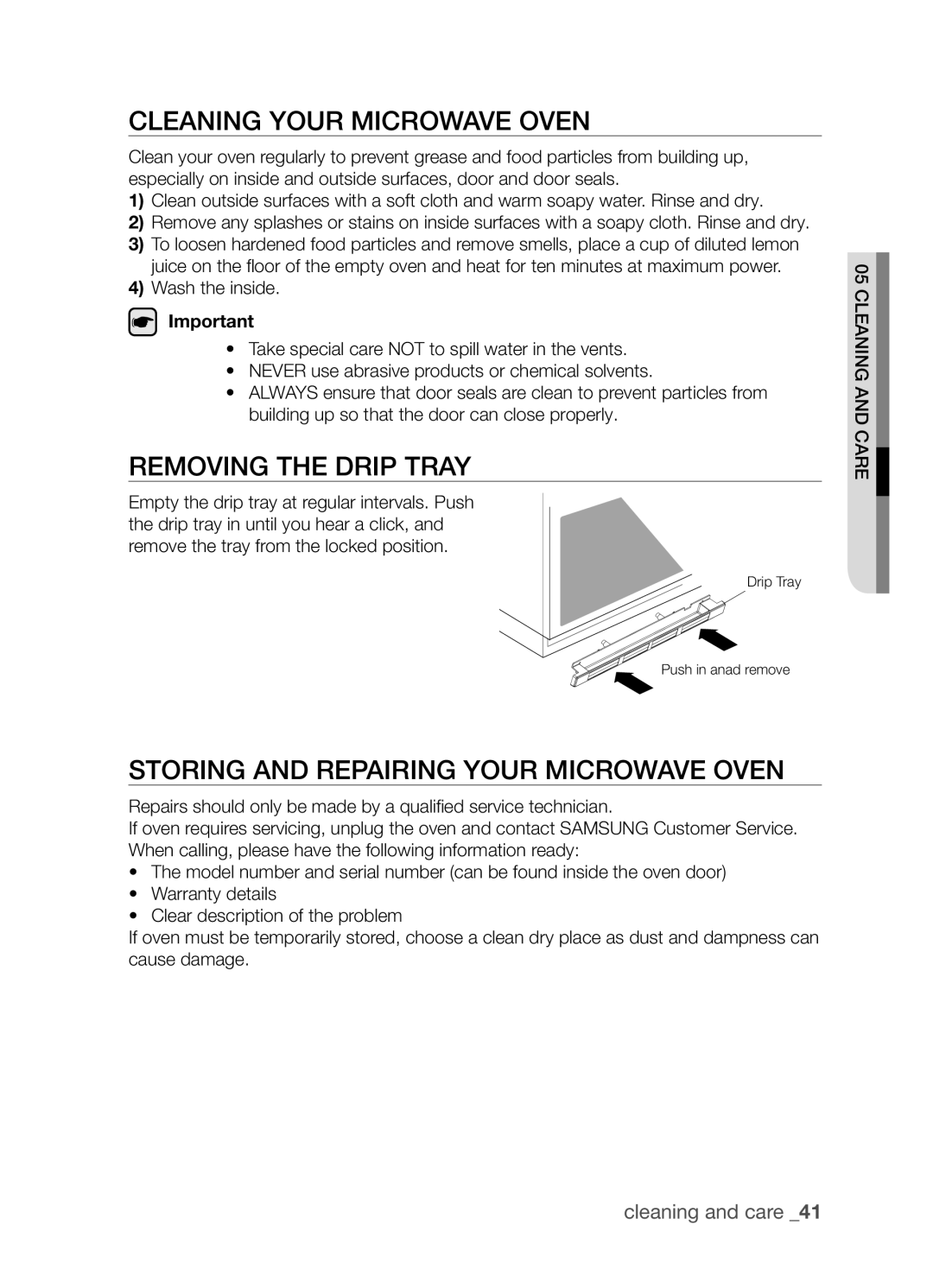 Samsung FW213G001/XEO Cleaning Your Microwave Oven, Removing the Drip Tray, Storing and Repairing Your Microwave Oven 