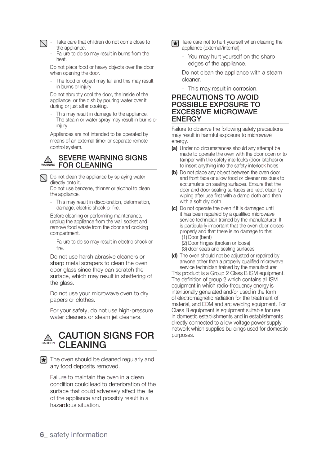 Samsung FW213G001/XEO manual Severe Warning Signs Warning for Cleaning 