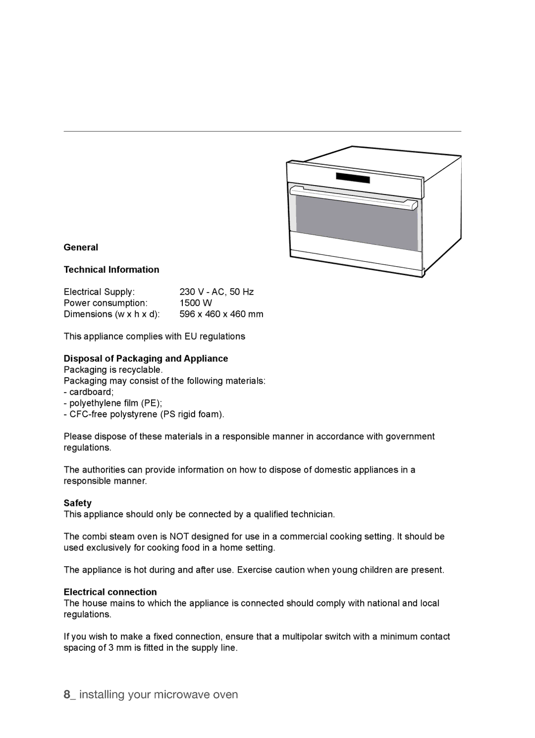 Samsung FW213G001/XEO Installing your microwave oven, General Technical Information, Disposal of Packaging and Appliance 