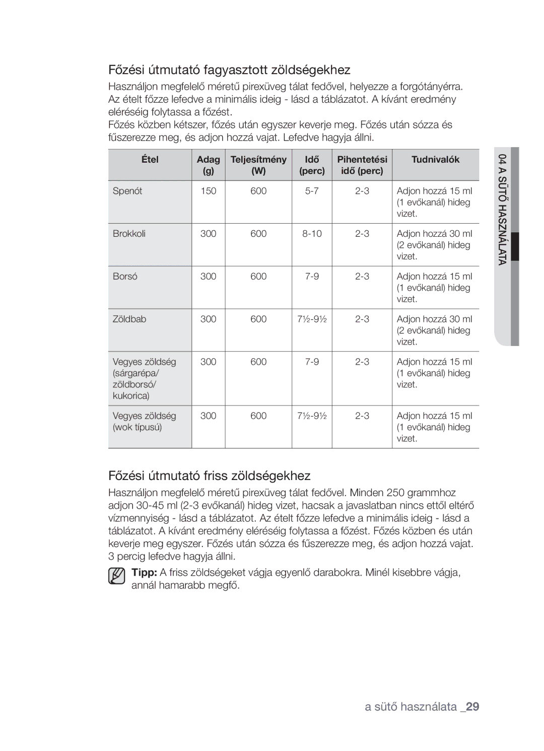 Samsung FW213G001/XEO manual Főzési útmutató fagyasztott zöldségekhez, Főzési útmutató friss zöldségekhez, Étel Adag, Idő 