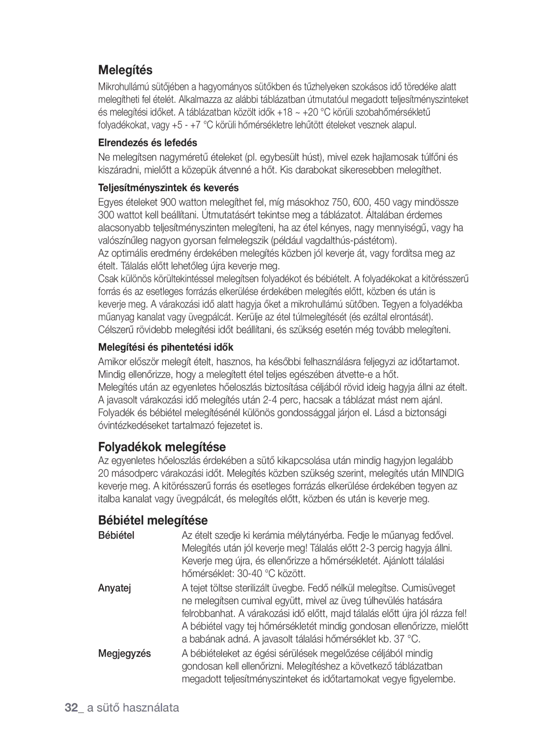 Samsung FW213G001/XEO manual Elrendezés és lefedés, Teljesítményszintek és keverés, Melegítési és pihentetési idők 