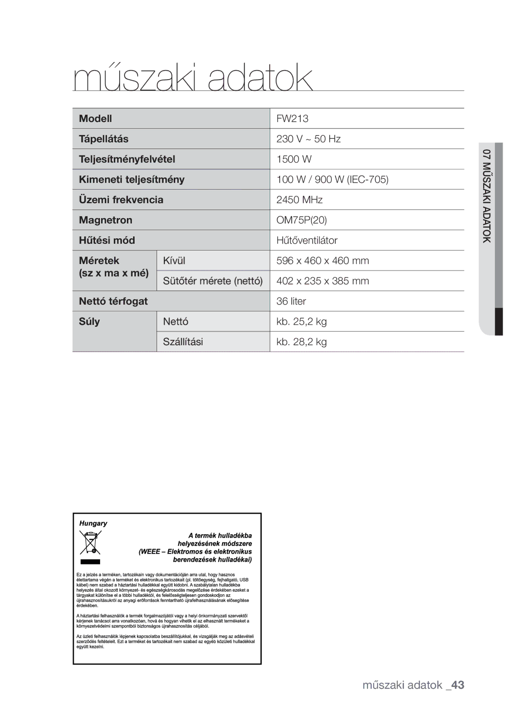 Samsung FW213G001/XEO Modell, Tápellátás, Teljesítményfelvétel, Kimeneti teljesítmény, Üzemi frekvencia, Magnetron, Súly 