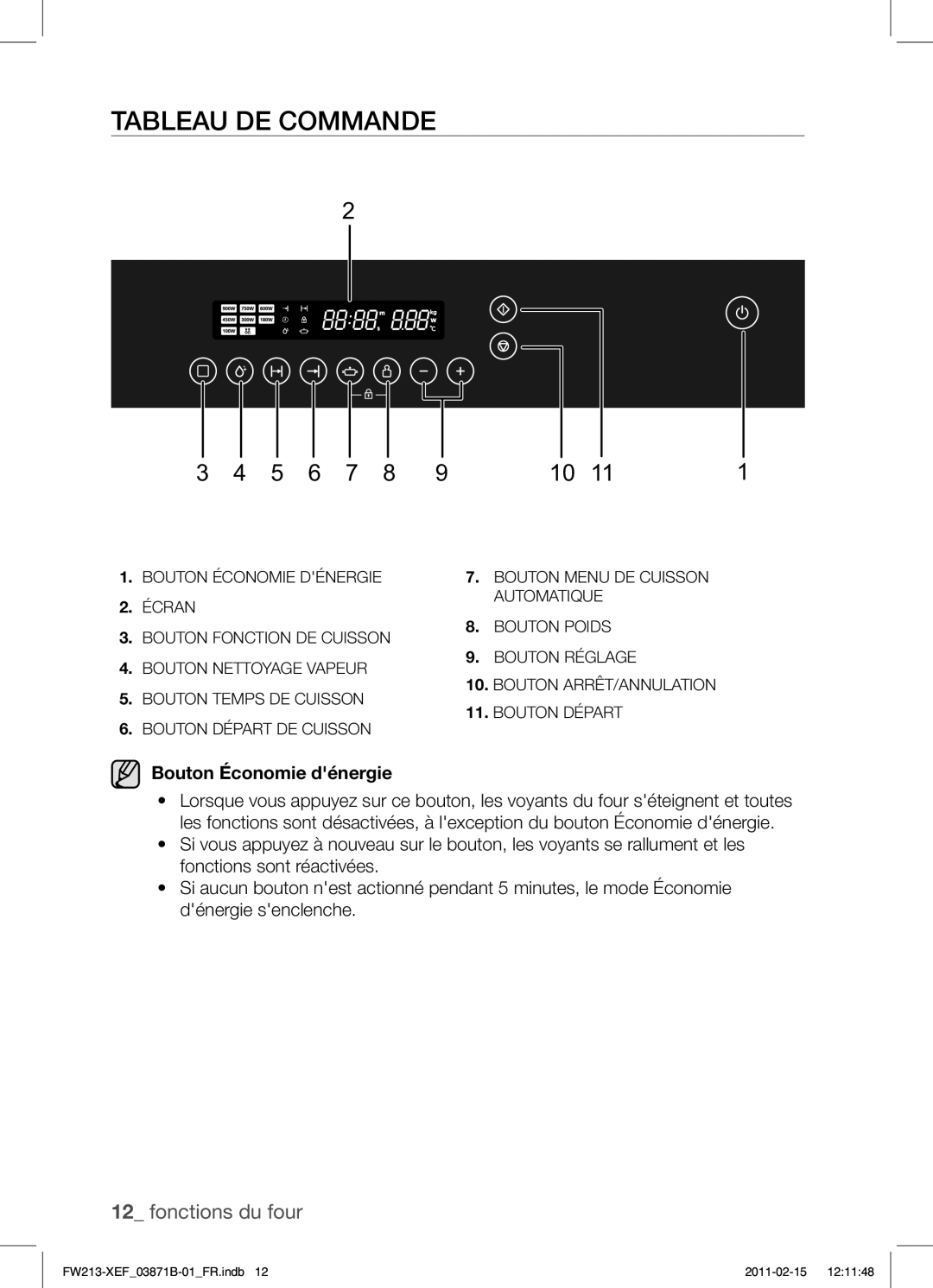 Samsung FW213G002/XEF manual Tableau DE Commande, Bouton Économie dénergie 