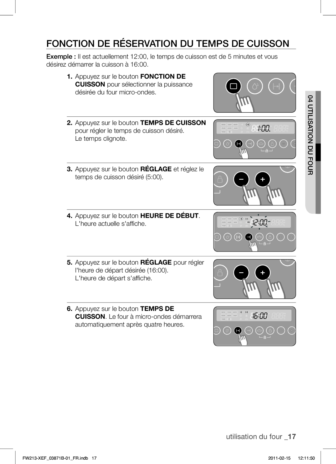 Samsung FW213G002/XEF manual Fonction DE Réservation DU Temps DE Cuisson 