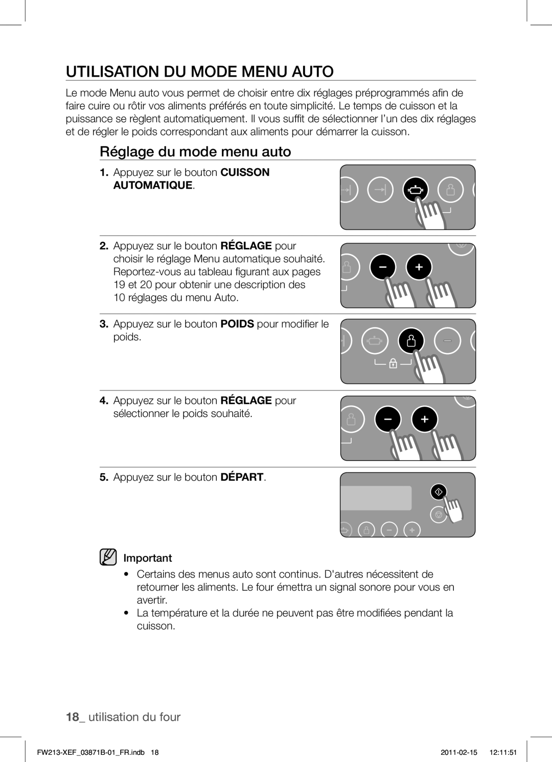 Samsung FW213G002/XEF manual Utilisation DU Mode Menu Auto, Réglage du mode menu auto 