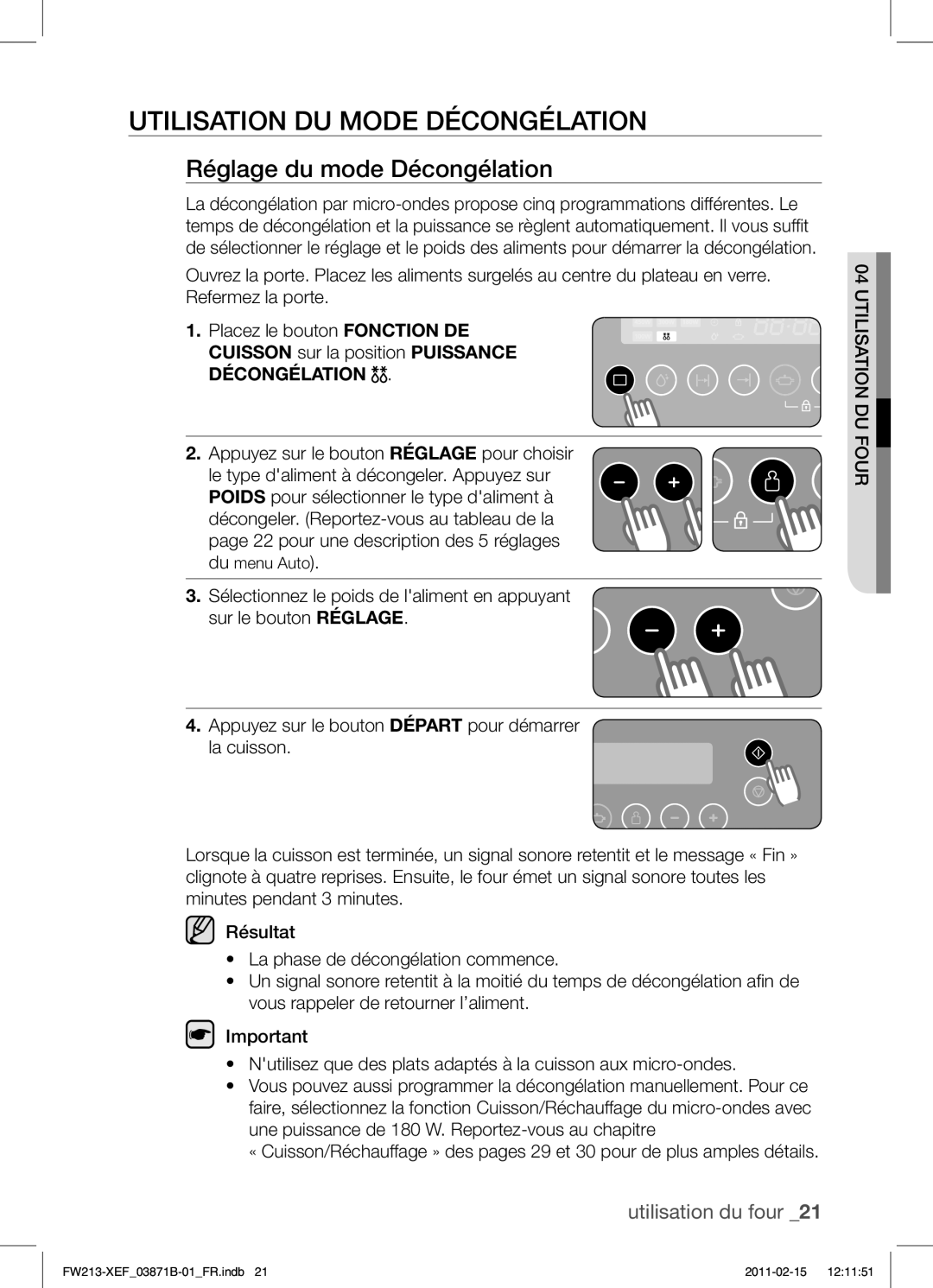 Samsung FW213G002/XEF manual Utilisation DU Mode Décongélation, Réglage du mode Décongélation 