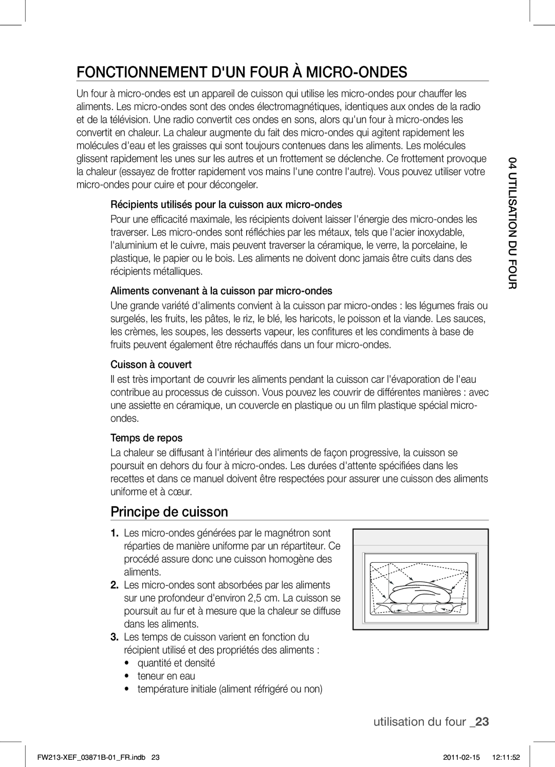 Samsung FW213G002/XEF manual Fonctionnement DUN Four À MICRO-ONDES, Principe de cuisson 