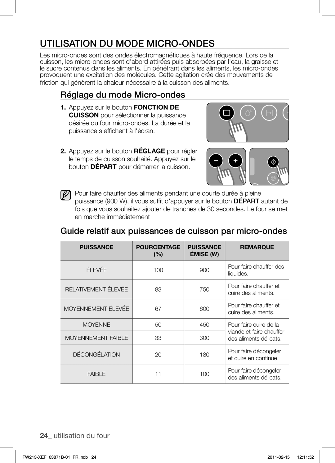 Samsung FW213G002/XEF manual Utilisation DU Mode MICRO-ONDES, Réglage du mode Micro-ondes 