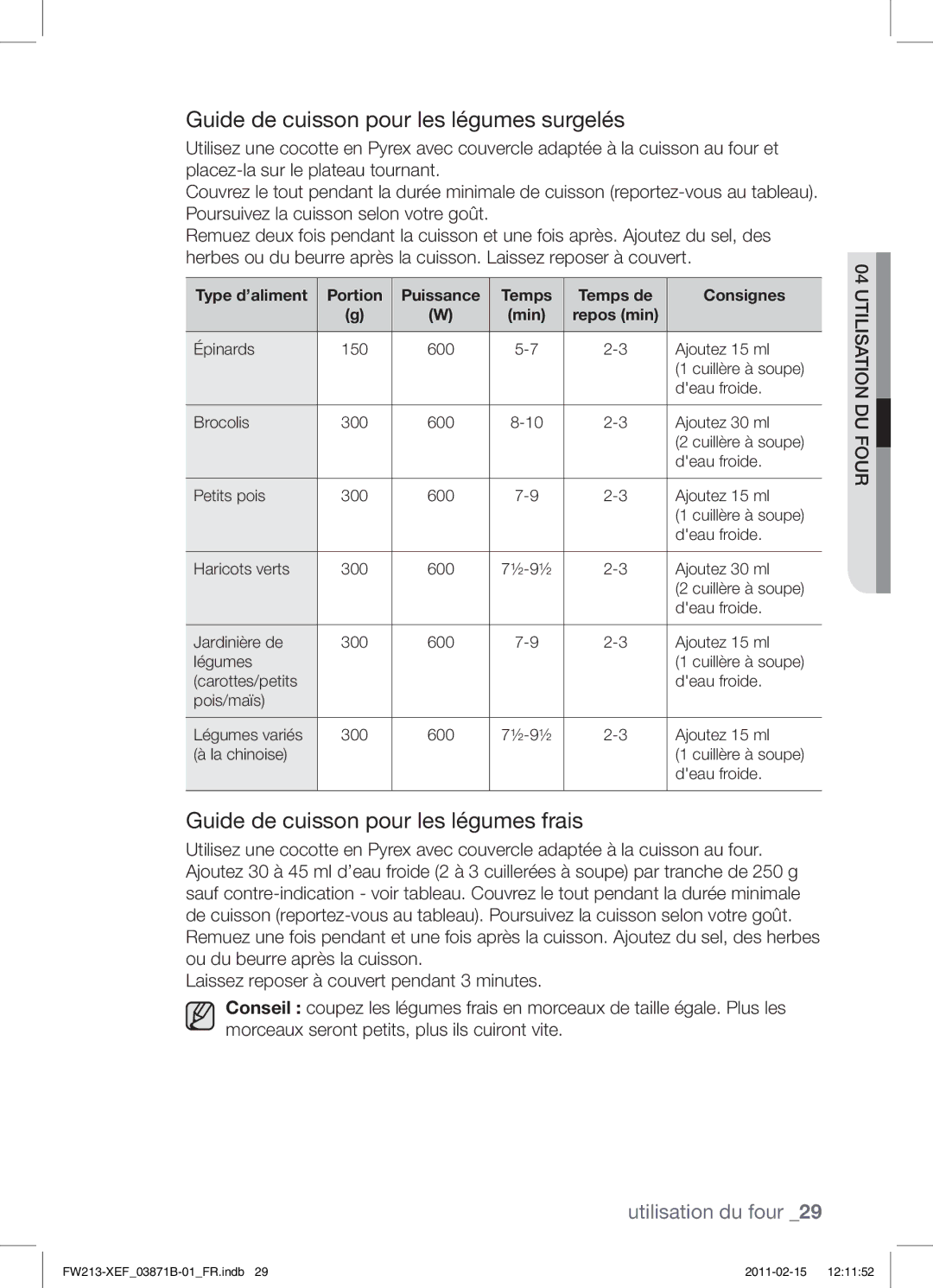 Samsung FW213G002/XEF manual Guide de cuisson pour les légumes surgelés, Guide de cuisson pour les légumes frais 