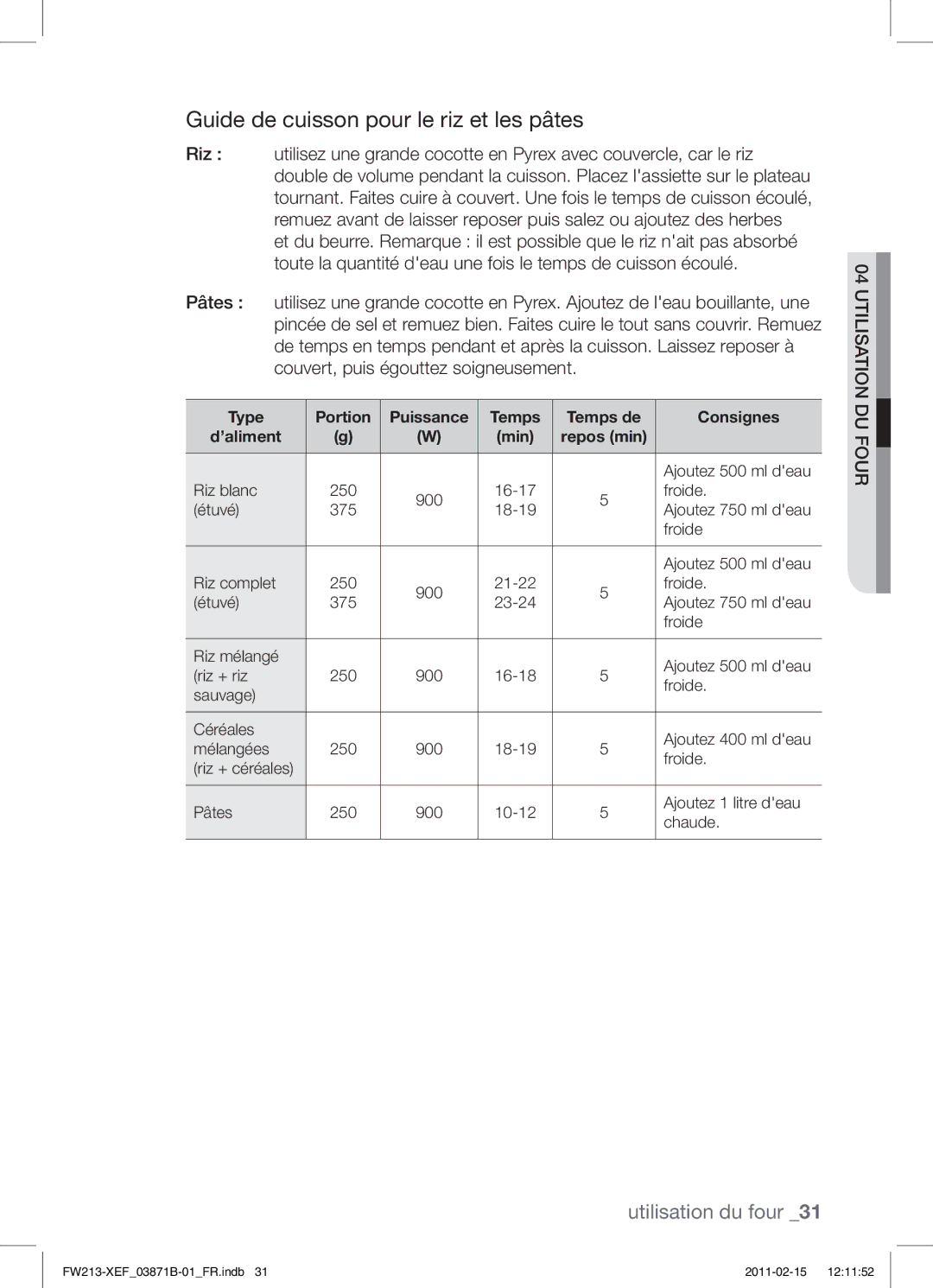 Samsung FW213G002/XEF Guide de cuisson pour le riz et les pâtes, Type Portion Puissance Temps Temps de Consignes ’aliment 