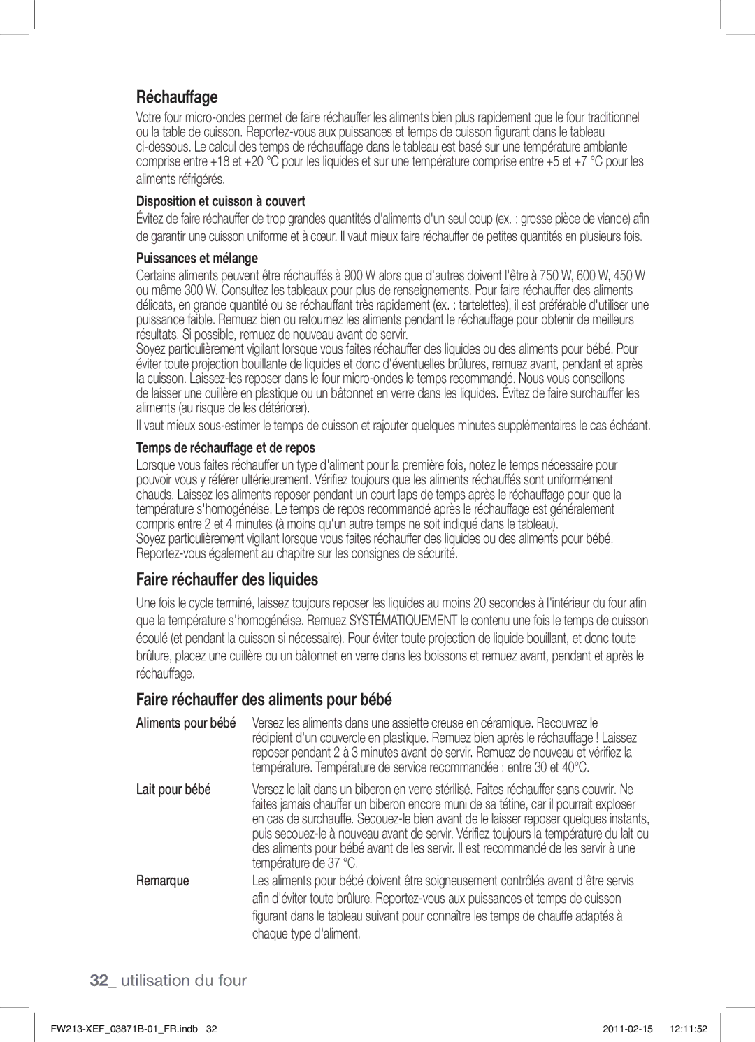 Samsung FW213G002/XEF manual Réchauffage, Aliments pour bébé 