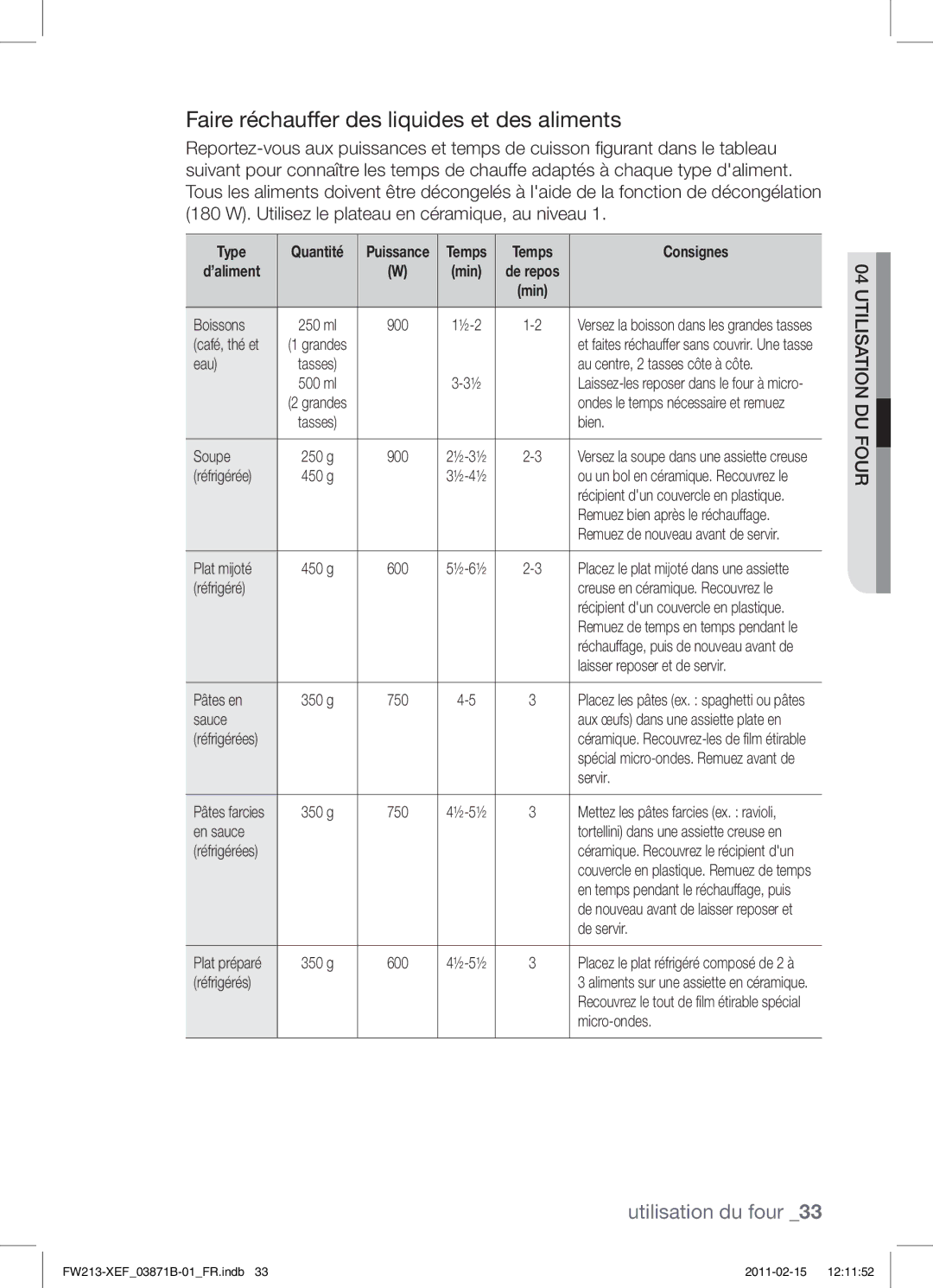 Samsung FW213G002/XEF manual Faire réchauffer des liquides et des aliments, Type 