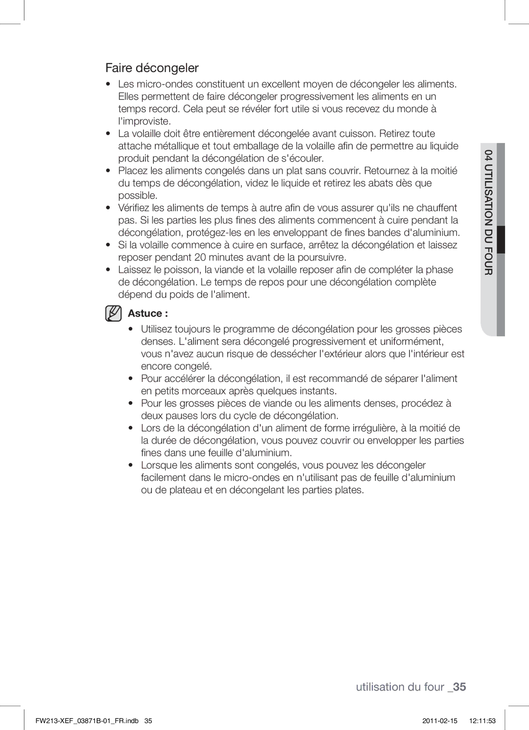 Samsung FW213G002/XEF manual Faire décongeler, Astuce 