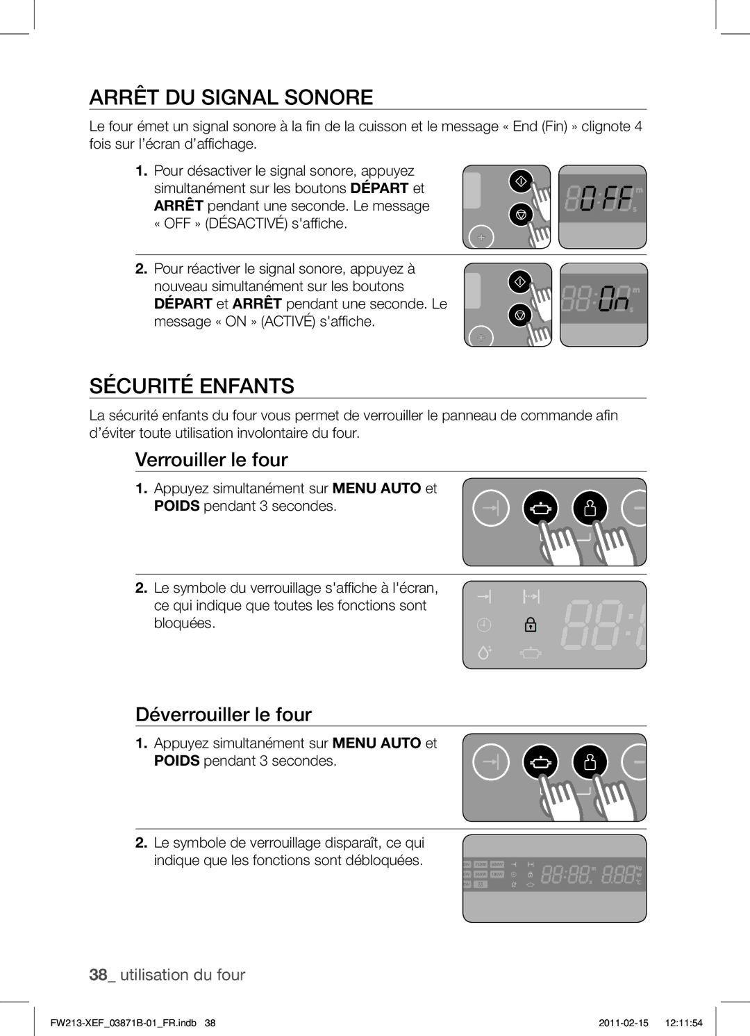 Samsung FW213G002/XEF manual Arrêt DU Signal Sonore, Sécurité Enfants, Verrouiller le four, Déverrouiller le four 