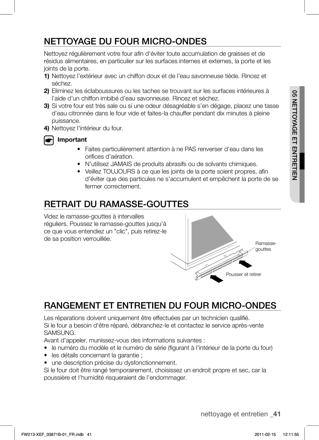 Samsung FW213G002/XEF manual Nettoyage DU Four MICRO-ONDES, Retrait DU RAMASSE-GOUTTES 