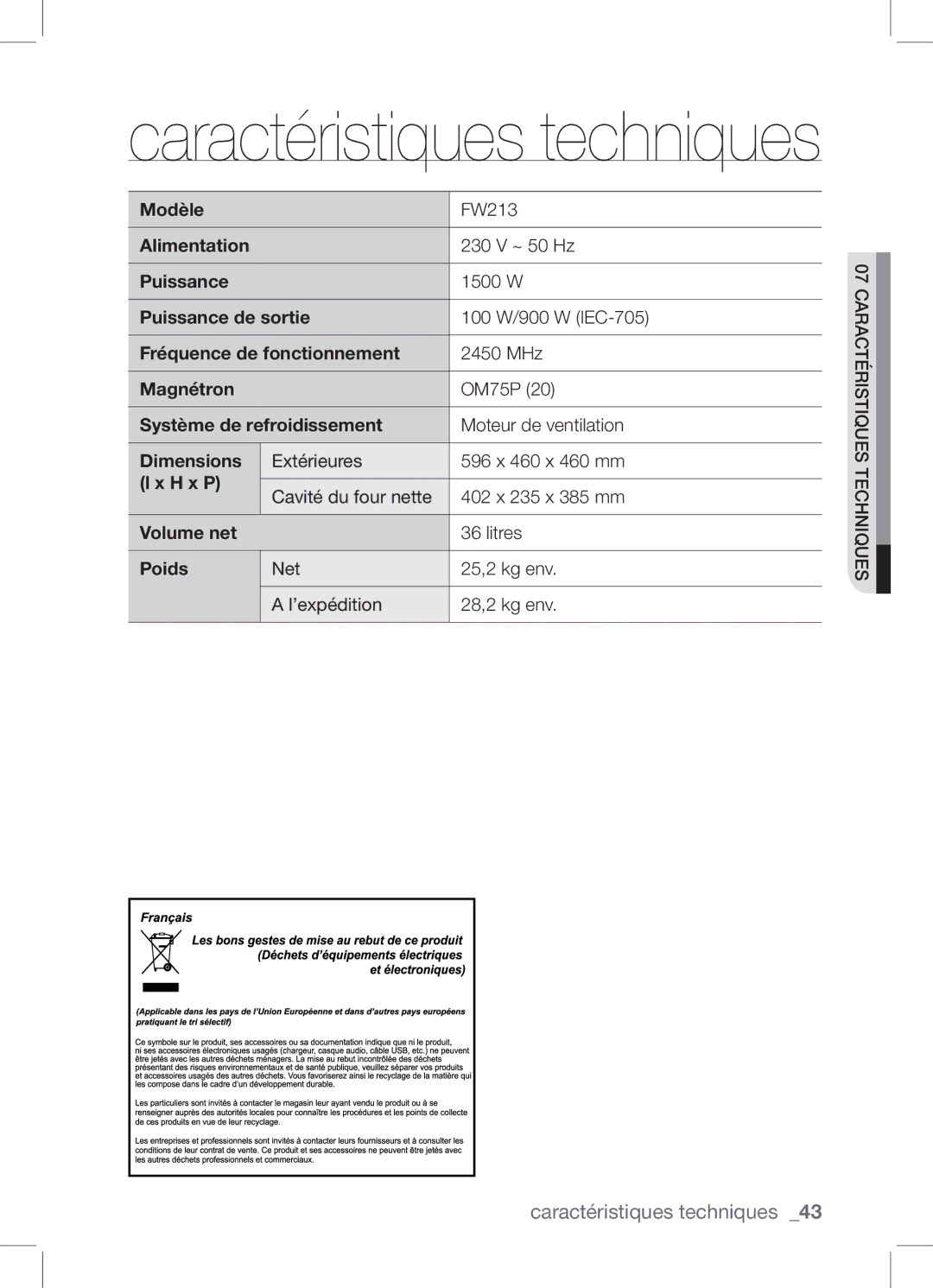 Samsung FW213G002/XEF manual Caractéristiques techniques 