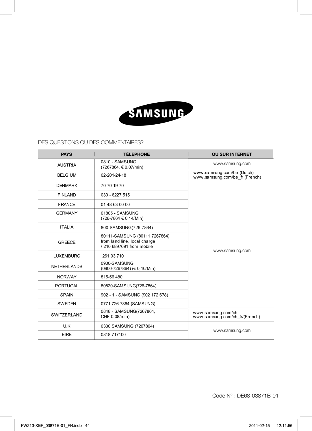 Samsung FW213G002/XEF manual Code N DE68-03871B-01, Samsung 