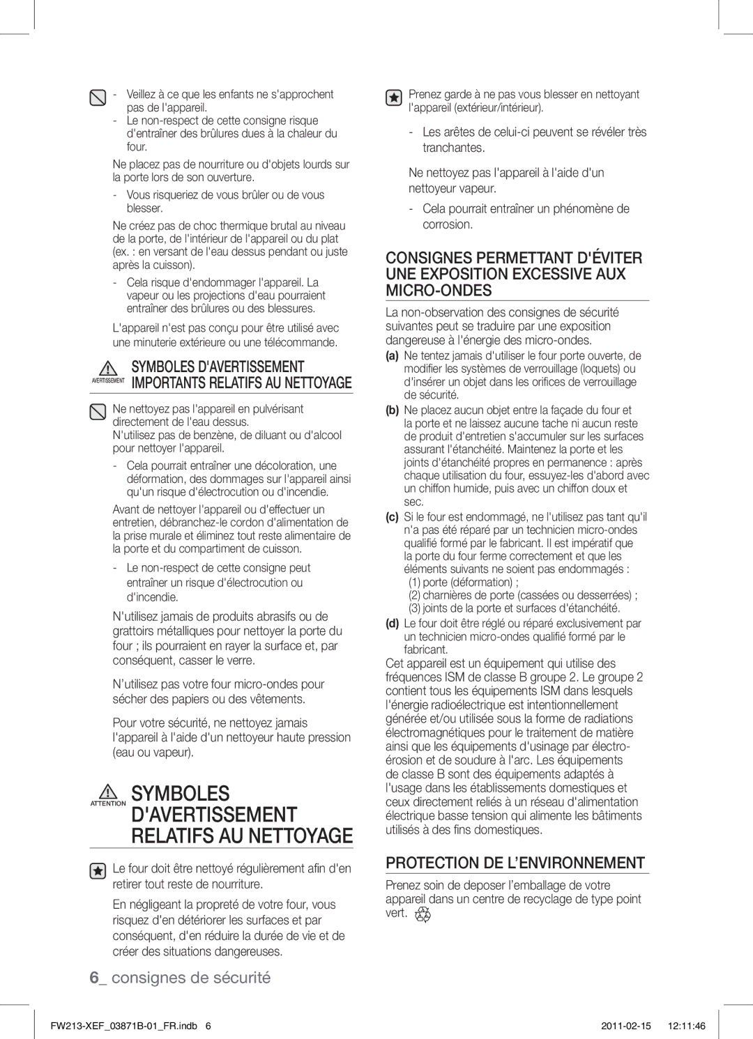 Samsung FW213G002/XEF manual Symboles, Protection DE L’ENVIRONNEMENT 