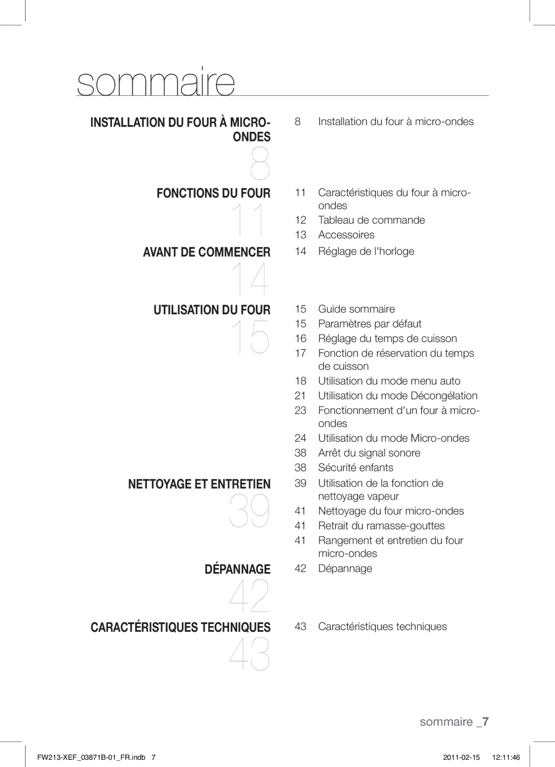 Samsung FW213G002/XEF manual Sommaire, Caractéristiques Techniques 