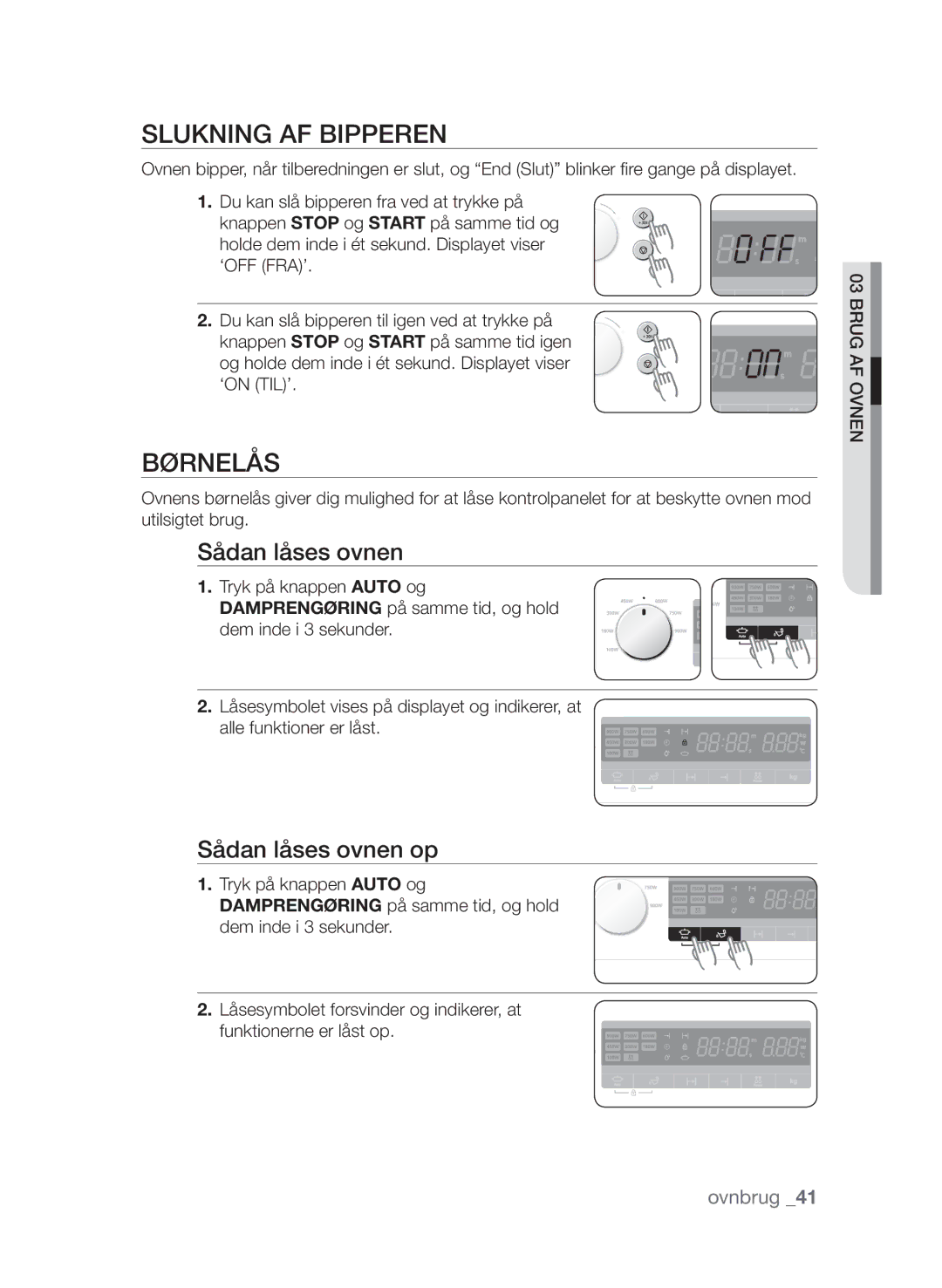 Samsung FW313T002/XEE manual Slukning af bipperen, Børnelås, Sådan låses ovnen op 