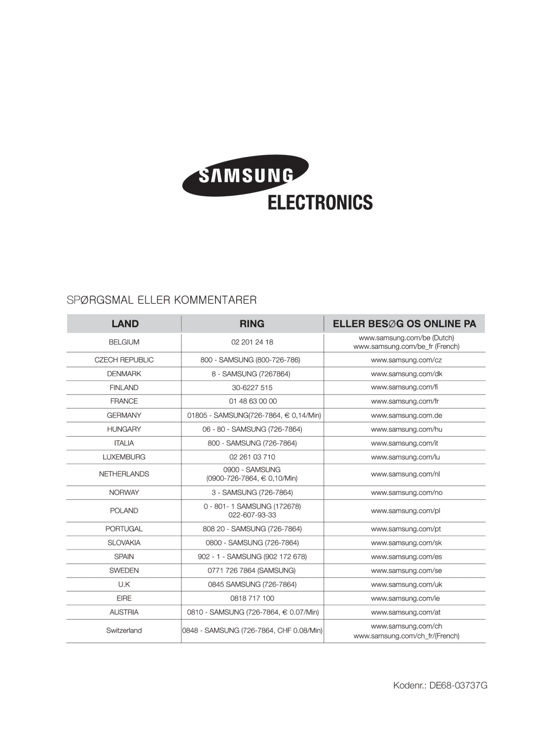 Samsung FW313T002/XEE manual Kodenr. DE68-03737G 