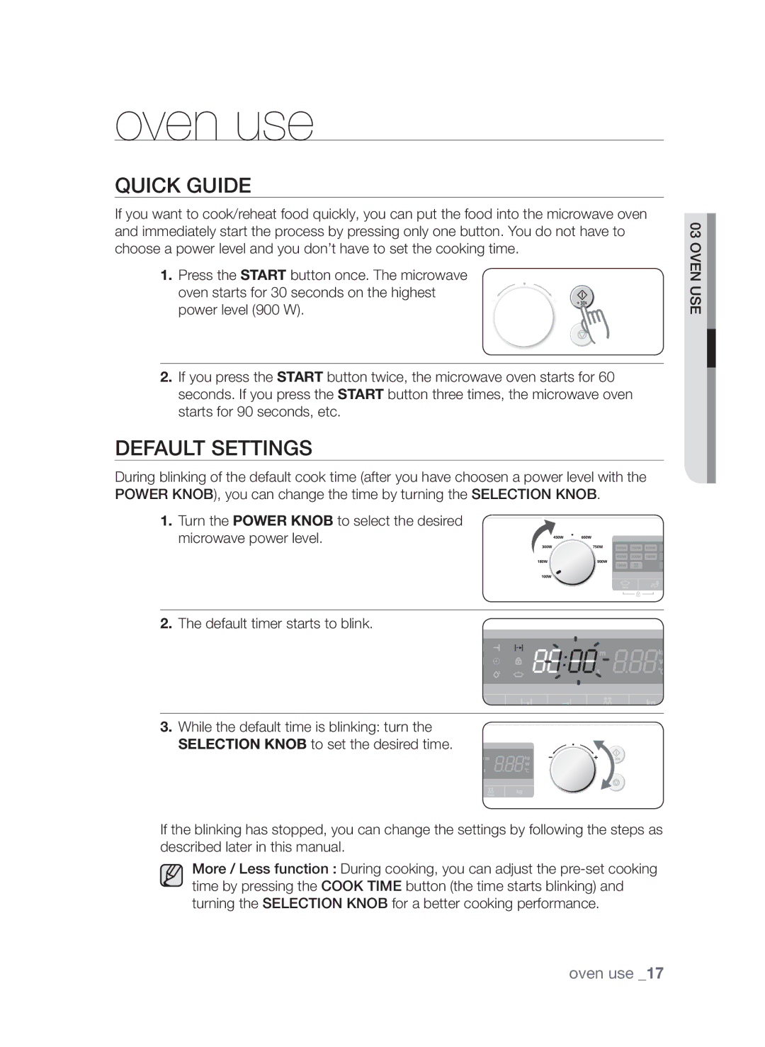 Samsung FW313T002/XEE manual Oven use, Quick guide, Default settings 