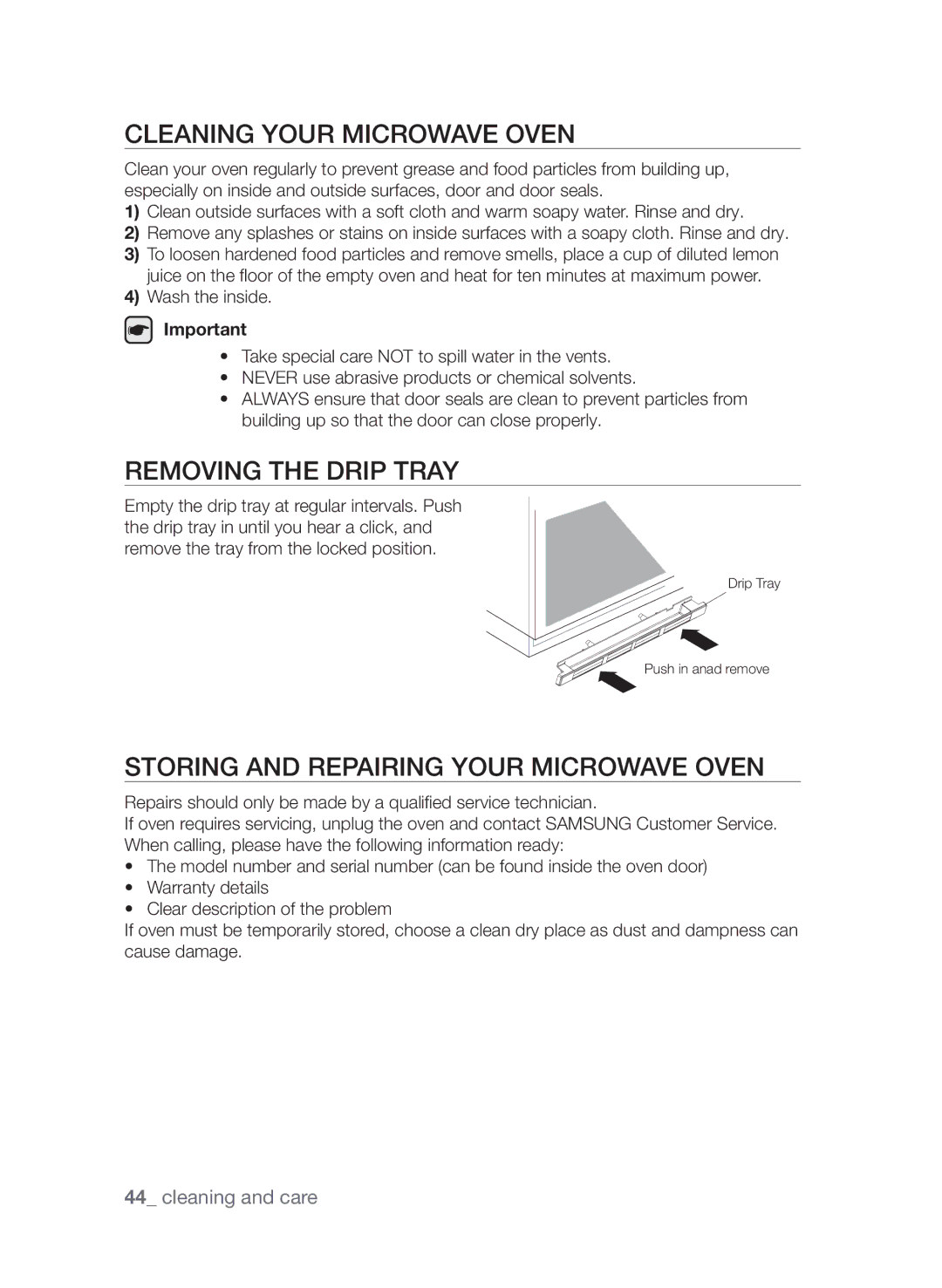 Samsung FW313T002/XEE Cleaning your microwave oven, Removing the drip tray, Storing and repairing your microwave oven 