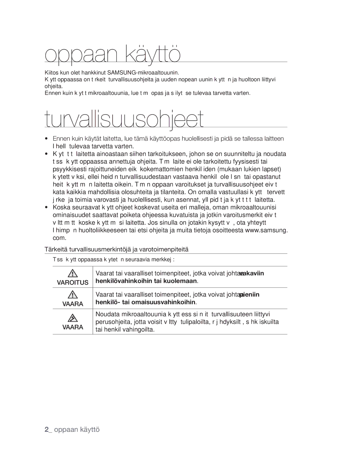 Samsung FW313T002/XEE manual Oppaan käyttö, Turvallisuusohjeet 