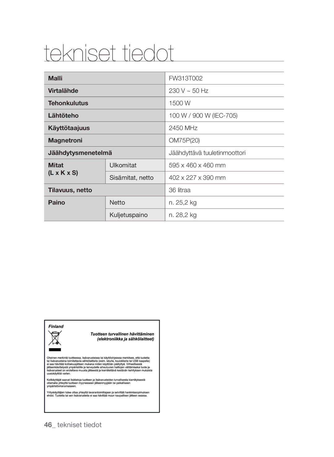 Samsung FW313T002/XEE manual Tekniset tiedot 