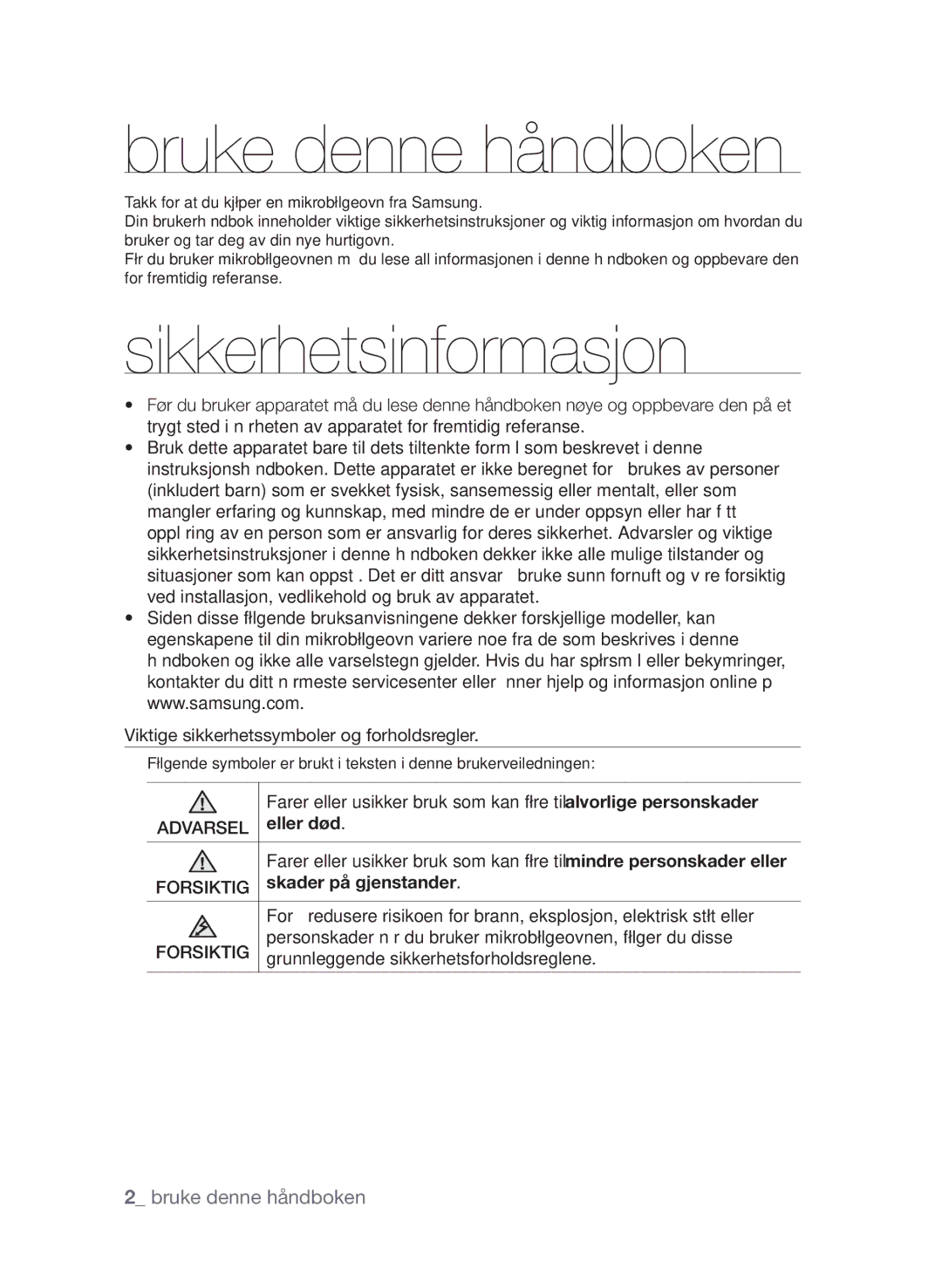 Samsung FW313T002/XEE manual Bruke denne håndboken, Sikkerhetsinformasjon 