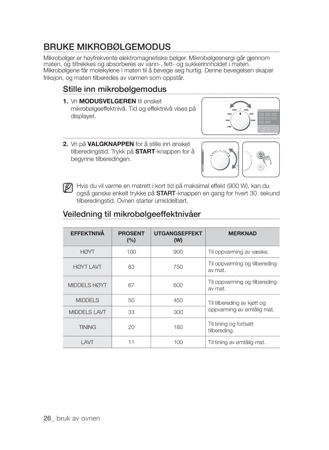 Samsung FW313T002/XEE manual Bruke mikrobølgemodus, Stille inn mikrobølgemodus, Veiledning til mikrobølgeeffektnivåer 