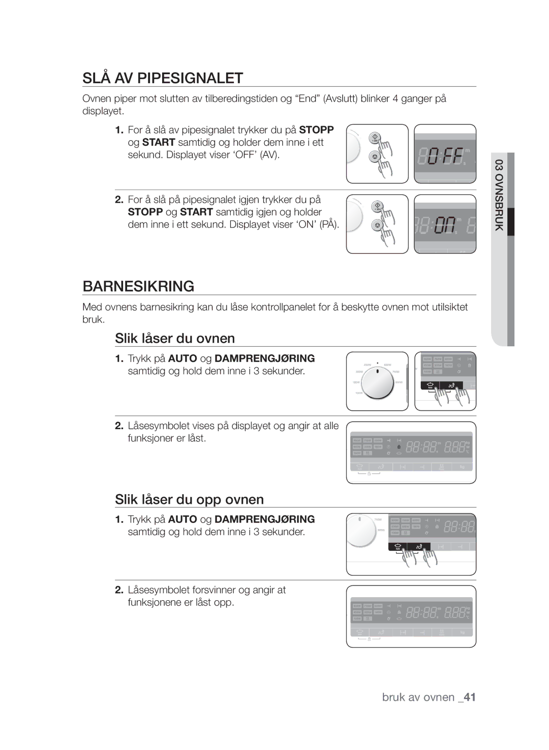 Samsung FW313T002/XEE manual Slå av pipesignalet, Barnesikring, Slik låser du ovnen, Slik låser du opp ovnen 