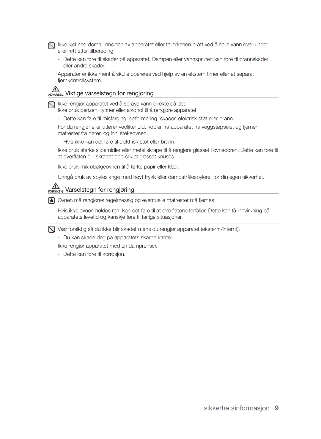 Samsung FW313T002/XEE manual Forsiktig Varselstegn for rengjøring 