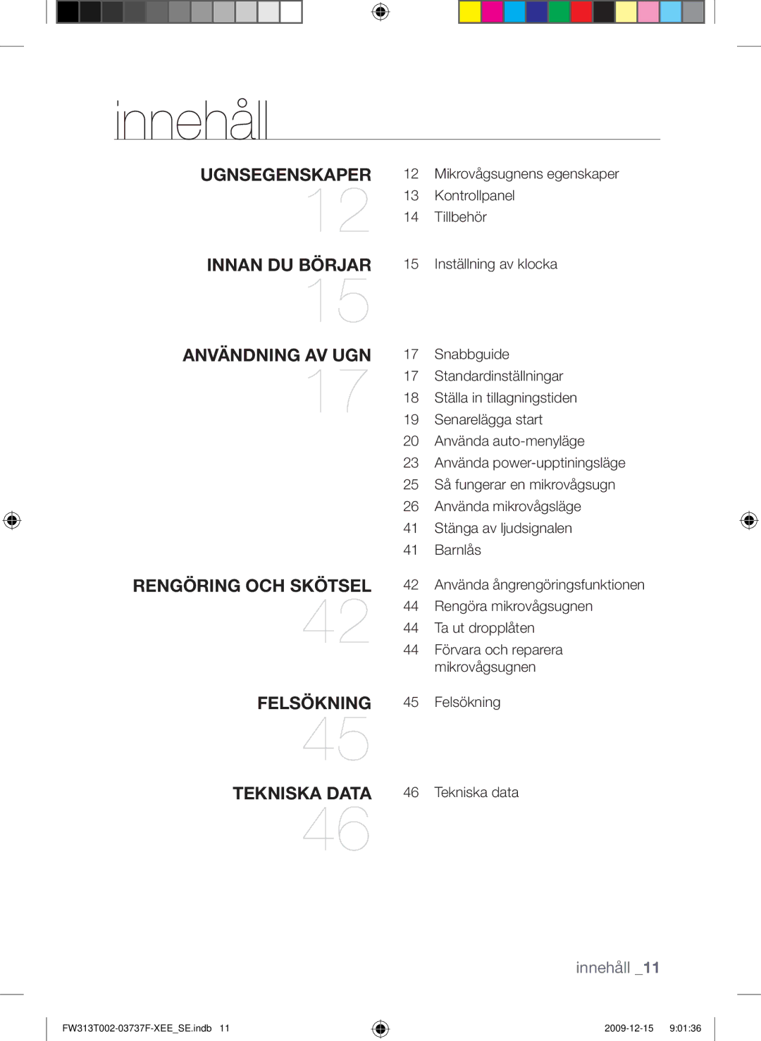 Samsung FW313T002/XEE manual Innehåll, Felsökning, Tekniska data 