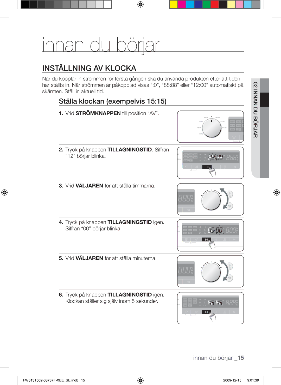 Samsung FW313T002/XEE manual Innan du börjar, Inställning av klocka, Ställa klockan exempelvis 