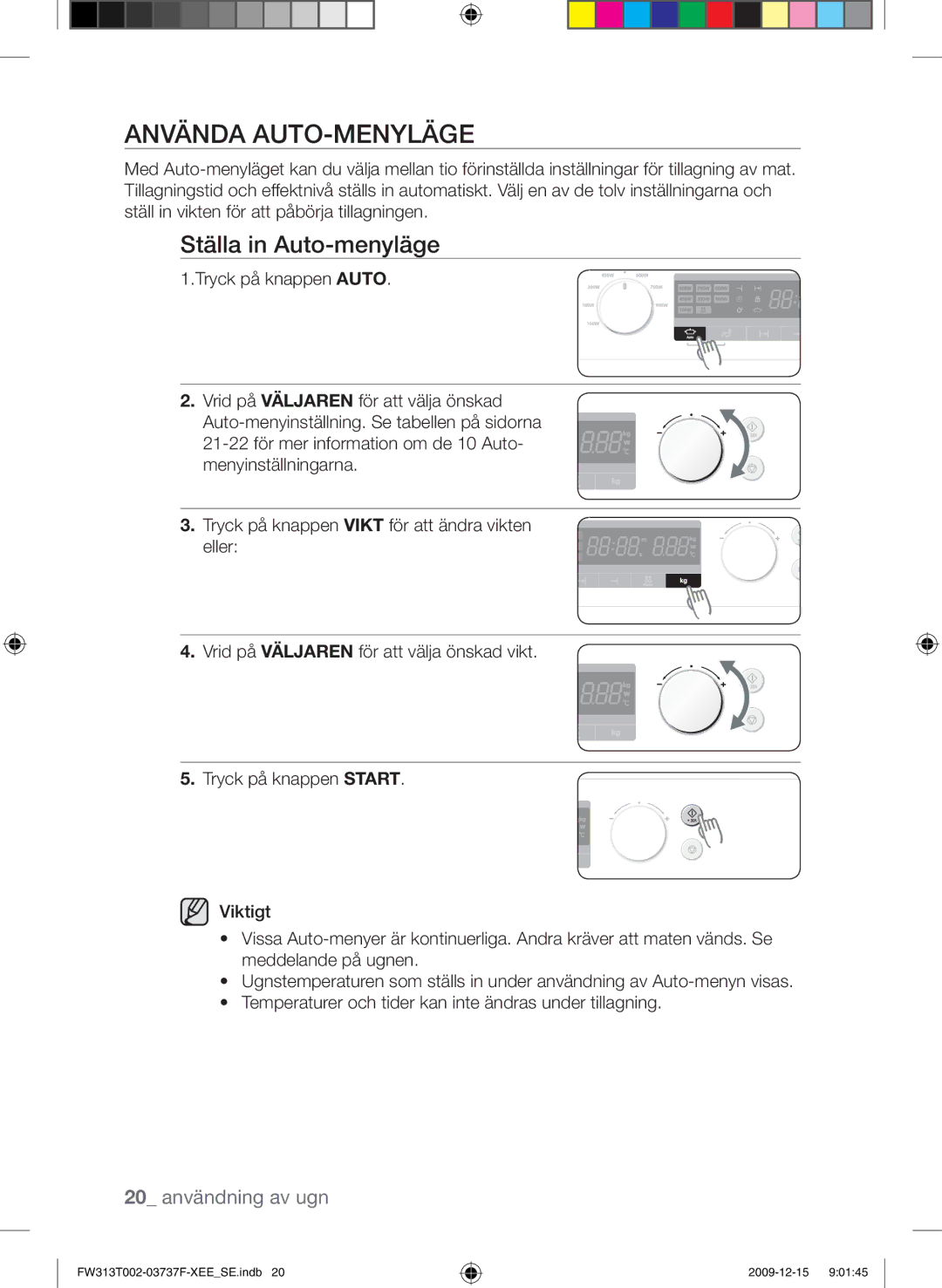 Samsung FW313T002/XEE manual Använda auto-menyläge, Ställa in Auto-menyläge, 20 användning av ugn 