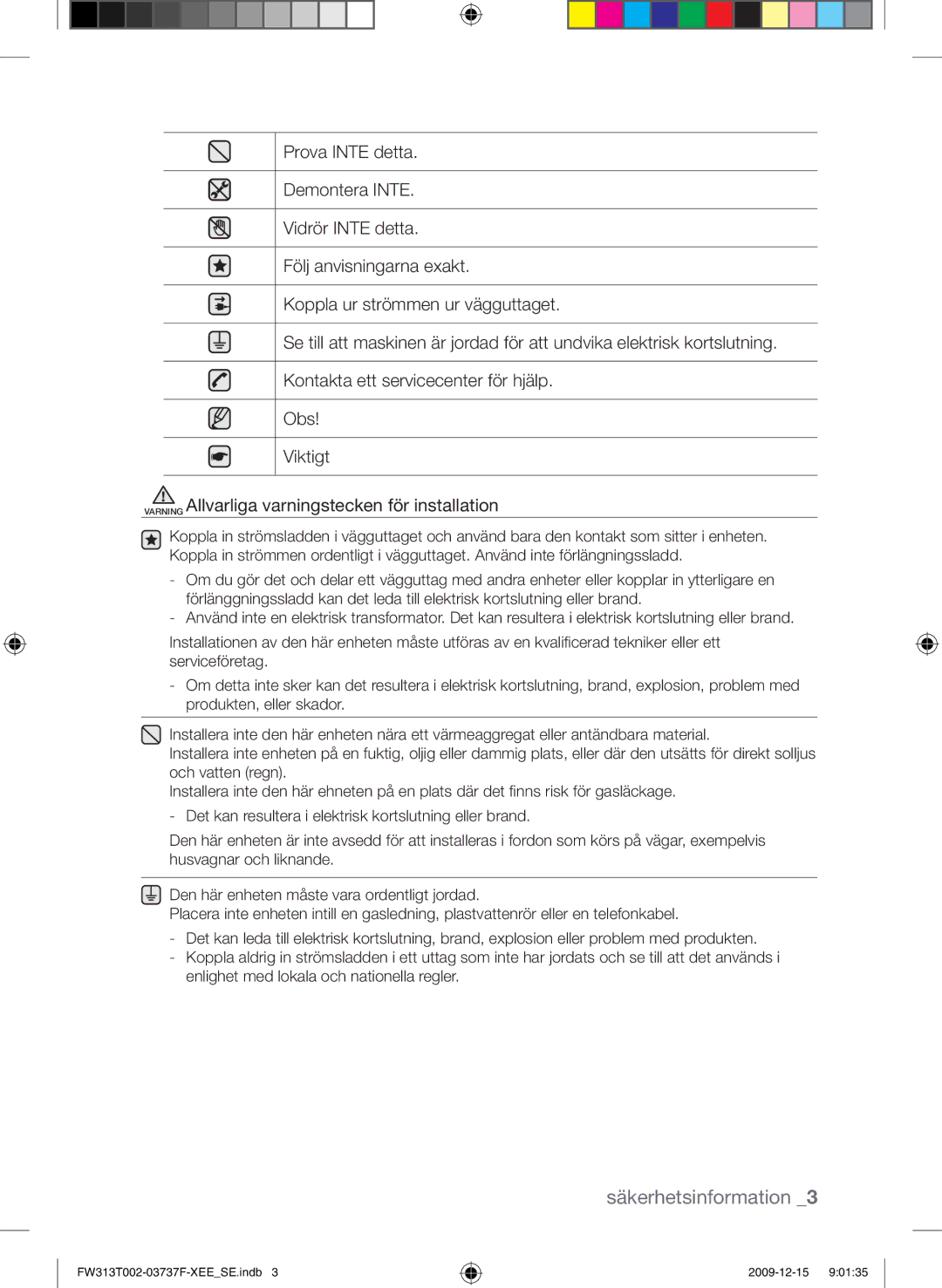 Samsung FW313T002/XEE manual Säkerhetsinformation 