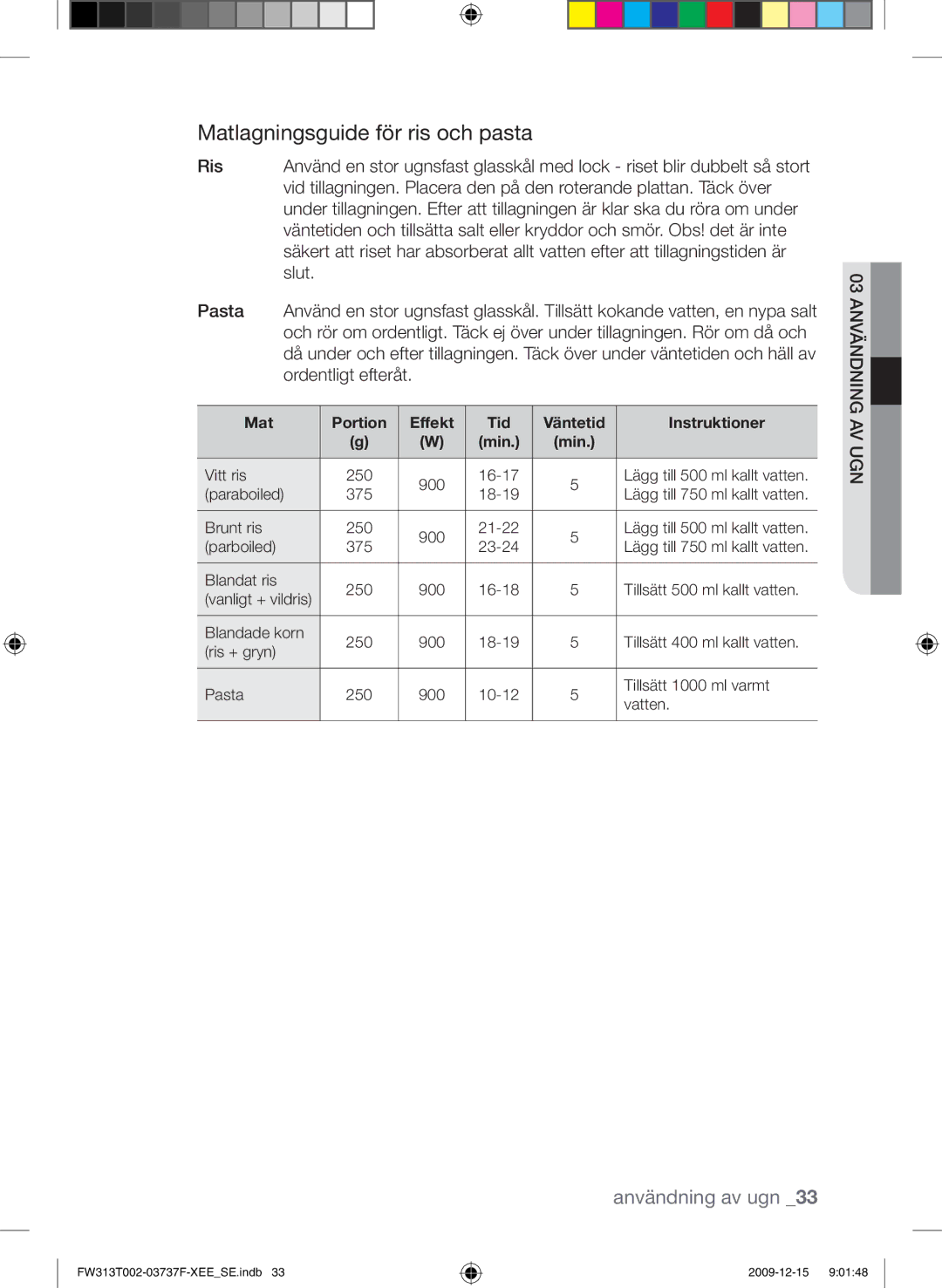 Samsung FW313T002/XEE manual Matlagningsguide för ris och pasta 