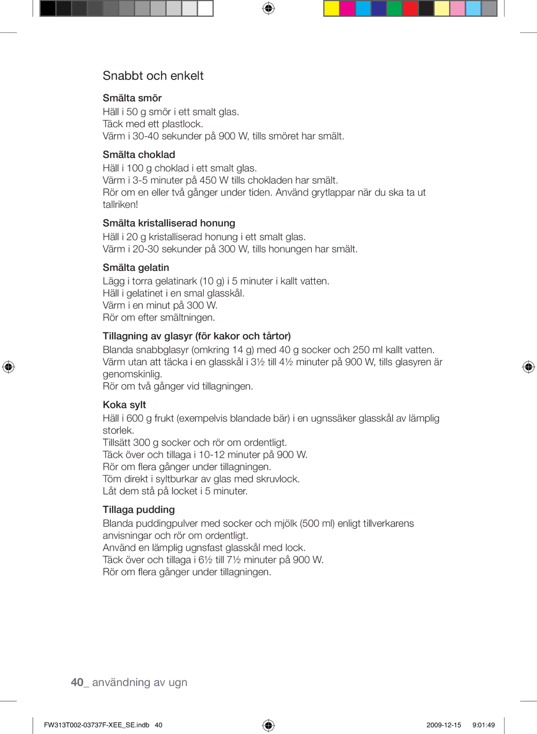 Samsung FW313T002/XEE manual Snabbt och enkelt, 40 användning av ugn 