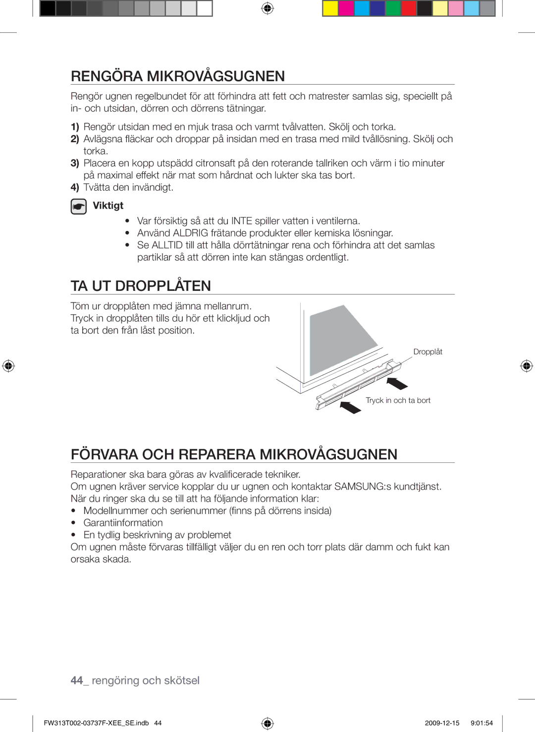 Samsung FW313T002/XEE manual Rengöra mikrovågsugnen, Ta ut dropplåten, Förvara och reparera mikrovågsugnen 