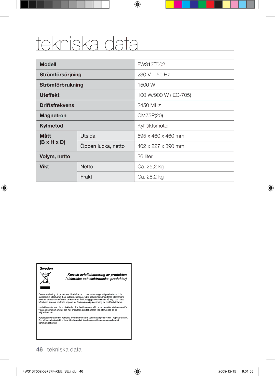 Samsung FW313T002/XEE manual Tekniska data 